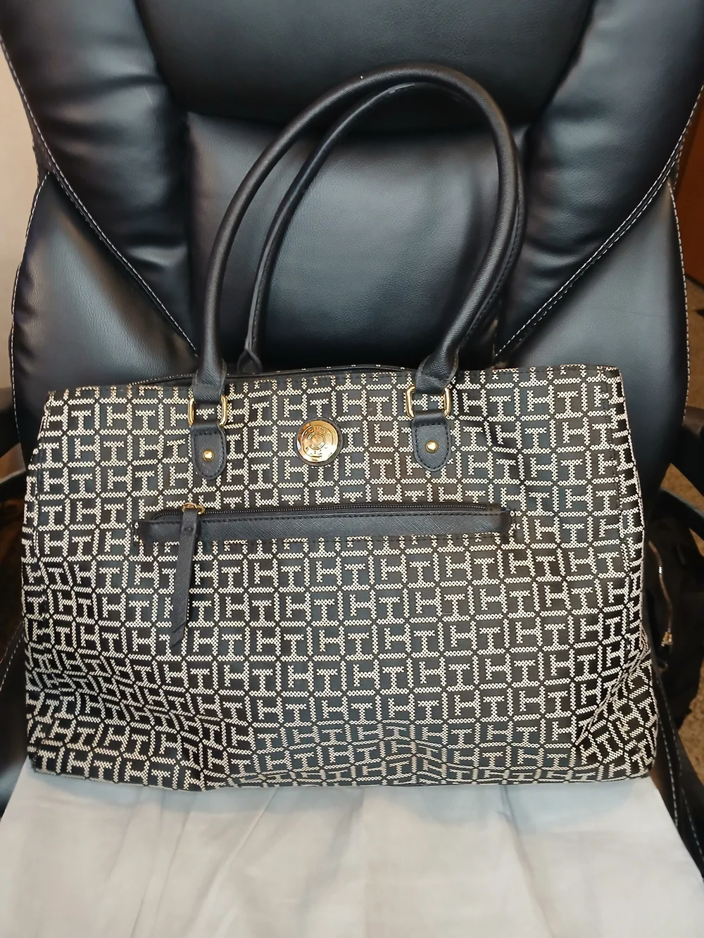 Tommy Hilfiger Black & Grey Patterned Tote Bag with Front Zip Pocket